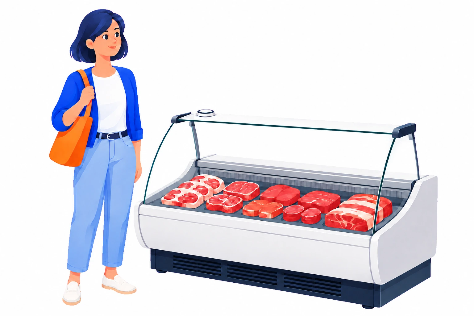 A shopper waits at an unstaffed meat counter with an assistance button on top.