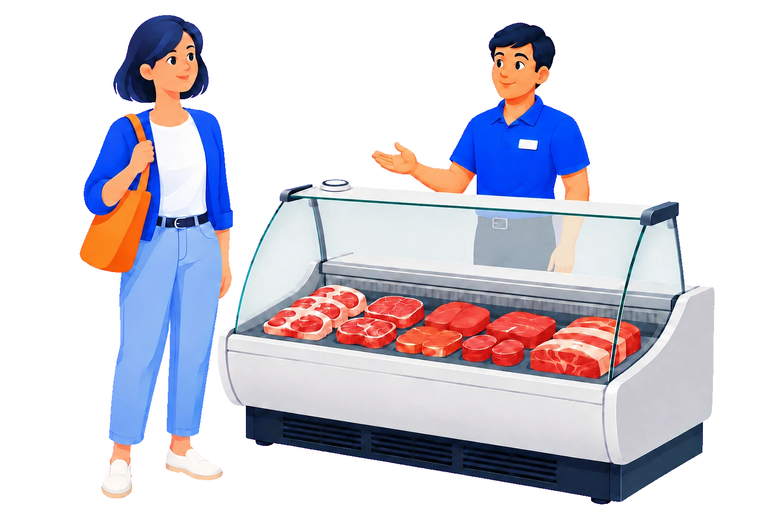 The same worker has arrived behind the meat counter to help the shopper.
